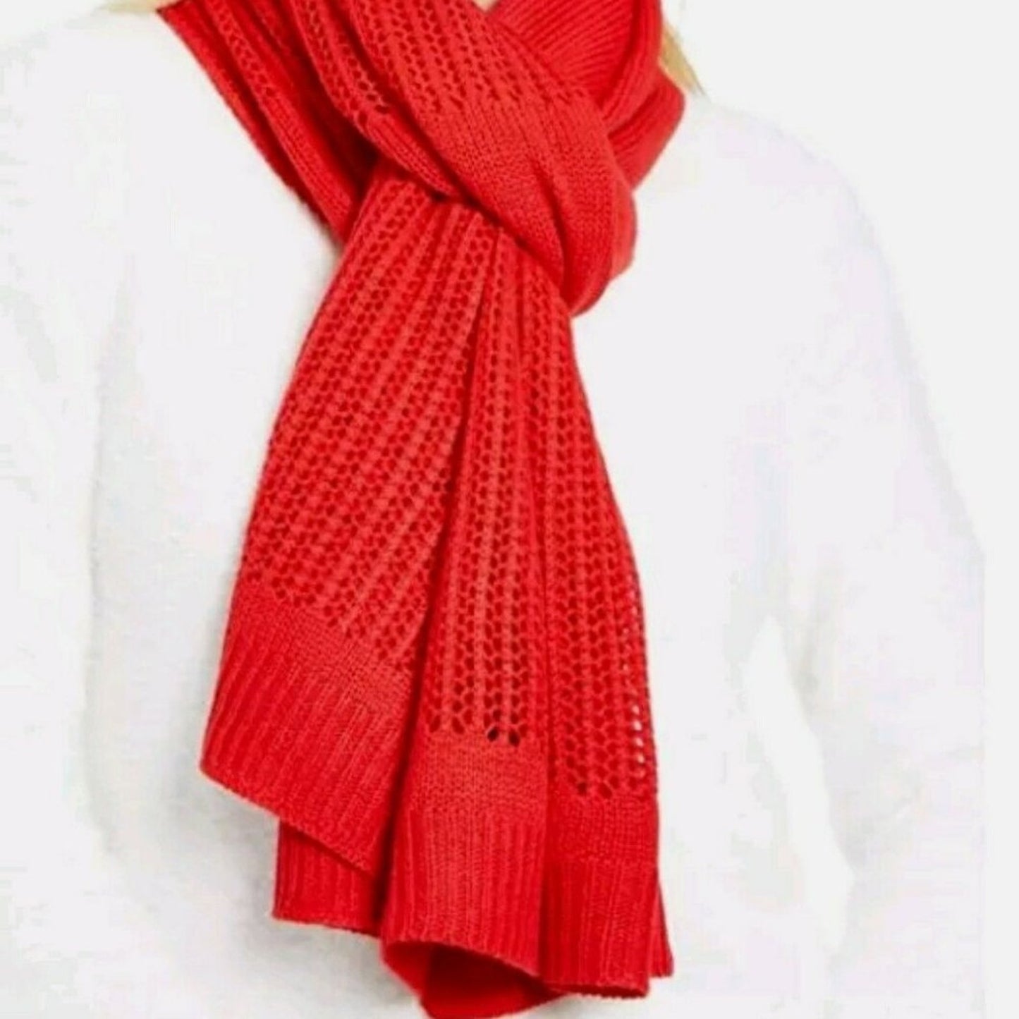 DKNY Red Open-Knit Blocked Scarf Open Weave COZY NEW gift holiday Unisex