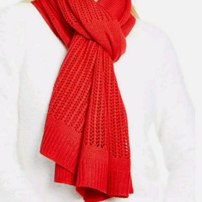 DKNY Red Open-Knit Blocked Scarf Open Weave COZY NEW gift holiday Unisex