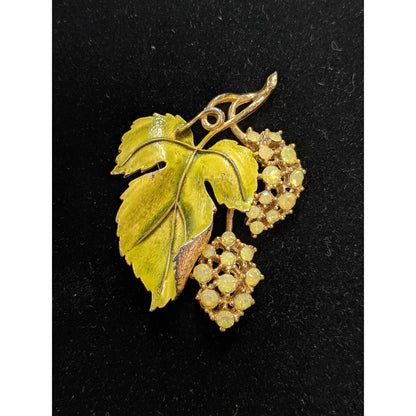 Vintage Enamel Rhinestone Grape Bunch Leaf Vine Brooch Pin Golden Tone