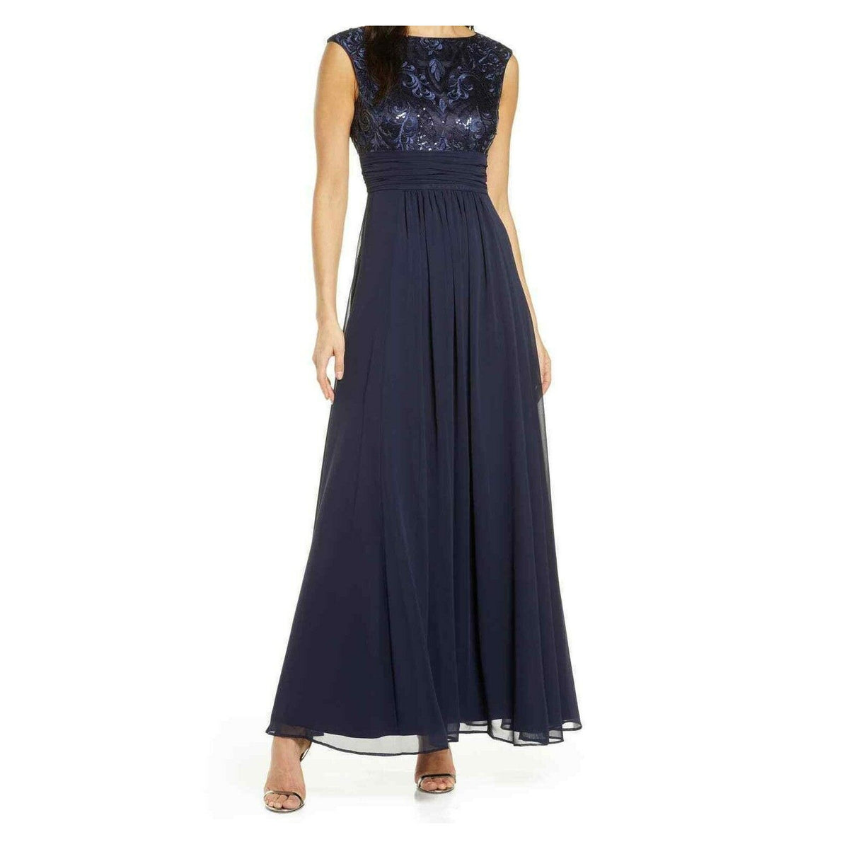 Eliza J Lace Sequin Chiffon Cap Sleeve Formal Gown Size 0 Navy NWT Formal dress