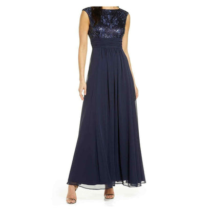 Eliza J Lace Sequin Chiffon Cap Sleeve Formal Gown Size 0 Navy NWT Formal dress