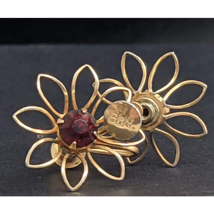 Vintage Signed BN Barnum Niles Gold Wire Flower Red Rhinestone Clip On Earrings