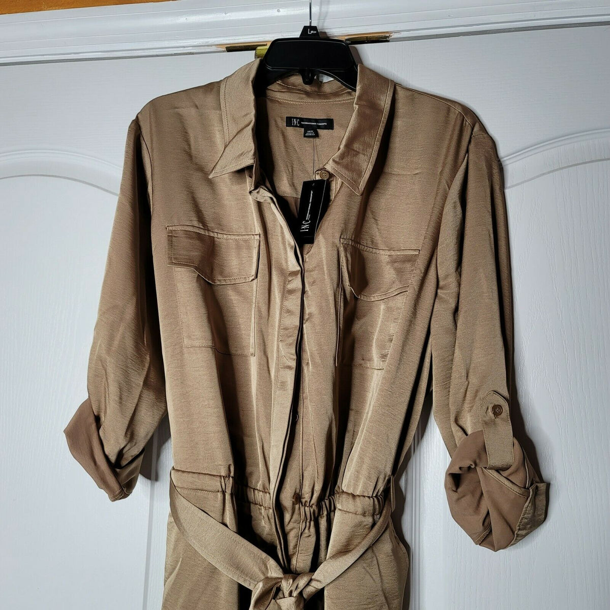 INC International Concepts Petite Button-Front Jumpsuit Long Sleeve Tan Size 20W