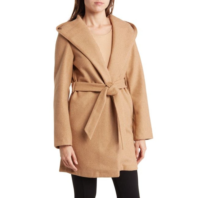 Love Tree NWT Natural Belted Woven Hooded Coat In Camel Tan Size Large NO BELT