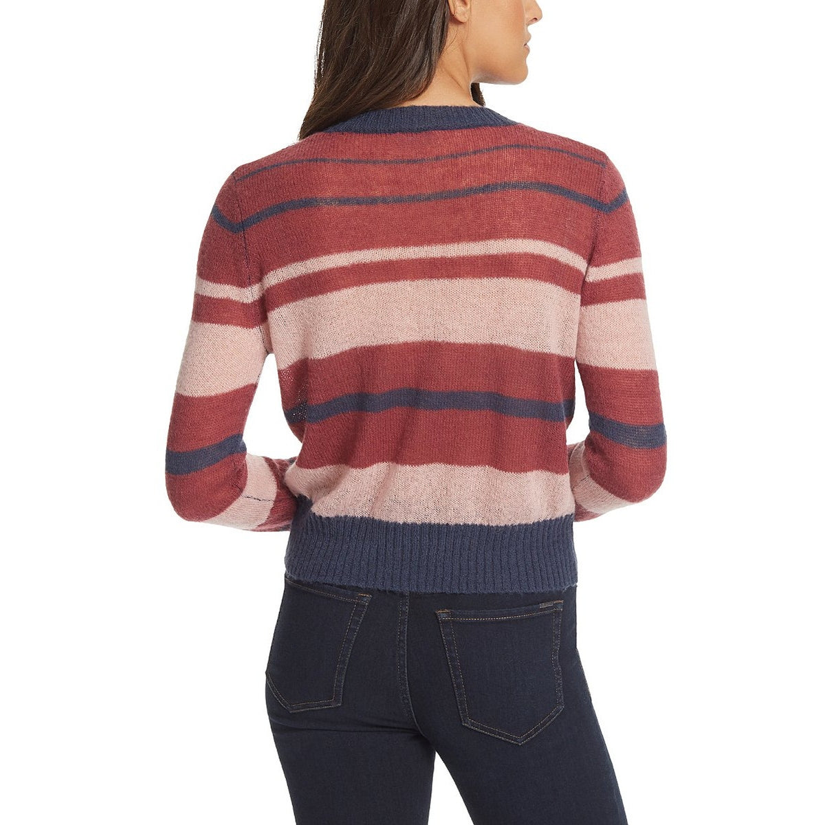 Ella Moss Denise Pullover Sweater Medium Maroon/Navy Stripe NEW Ribbon Trim