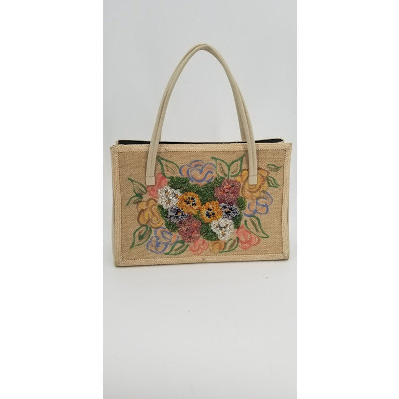 Caron Vintage Houston Texas Hand Bag purse Florals Top handle Beaded  Tapestry