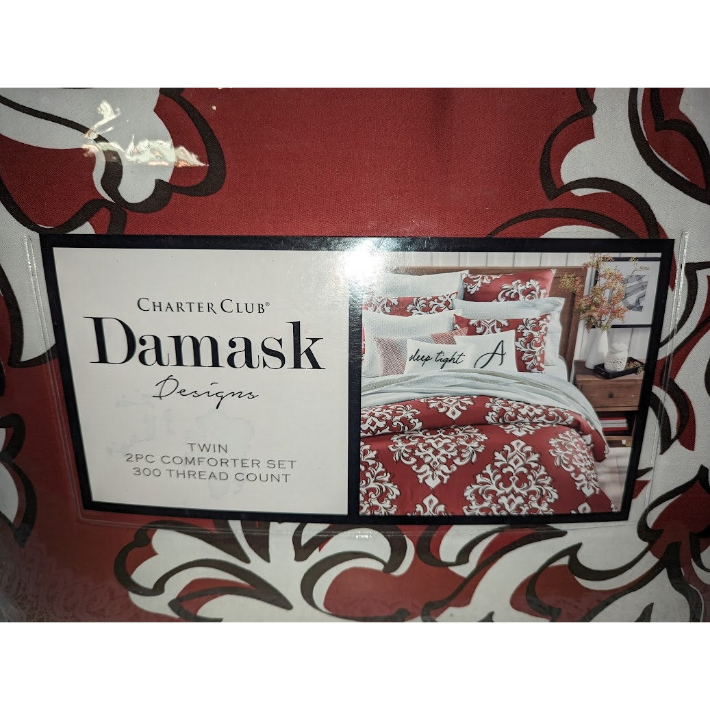 NEW CHARTER CLUB DAMASK RED OUTLINE TWIN 2 PIECE COMFORTER SET BEDDING 300TC