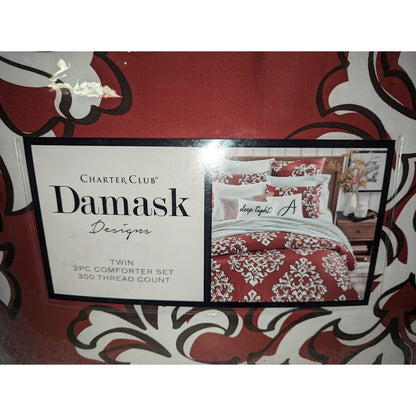 NEW CHARTER CLUB DAMASK RED OUTLINE TWIN 2 PIECE COMFORTER SET BEDDING 300TC