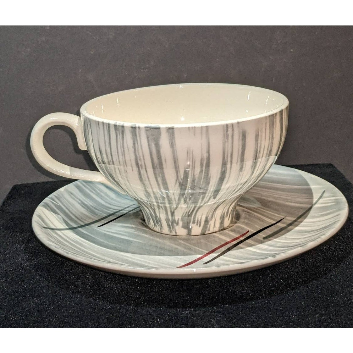 Stetson Vintage Set of 2 Tea Cups and Saucers Midcentury Minimalist Gray Red