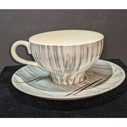 Stetson Vintage Set of 2 Tea Cups and Saucers Midcentury Minimalist Gray Red