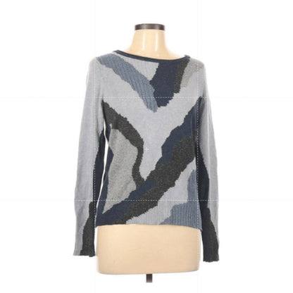NIC & ZOE Back Zip Crew Neck Sweater Pullover Medium Gray Blue Geometric