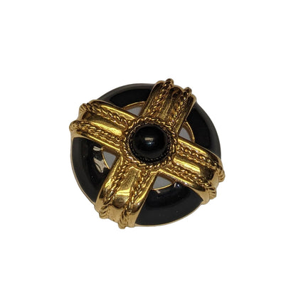 Monet Black and Golden Square Cross Circle Brooch Pin Vintage Jewelry Accessory