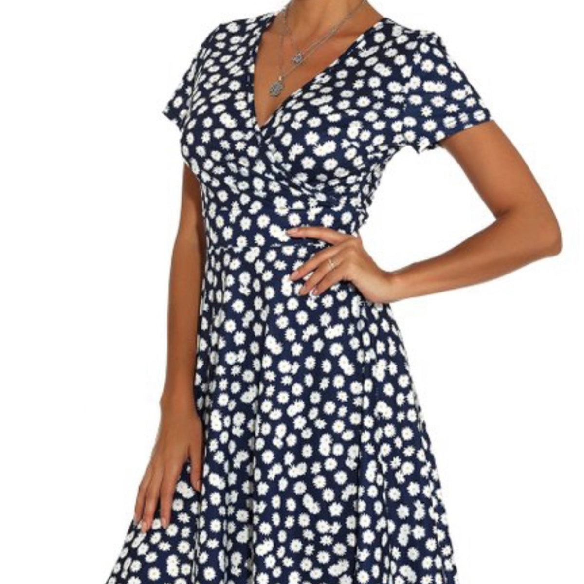 Sucrefas Navy Floral V-Neck A-Line Dress Size Medium