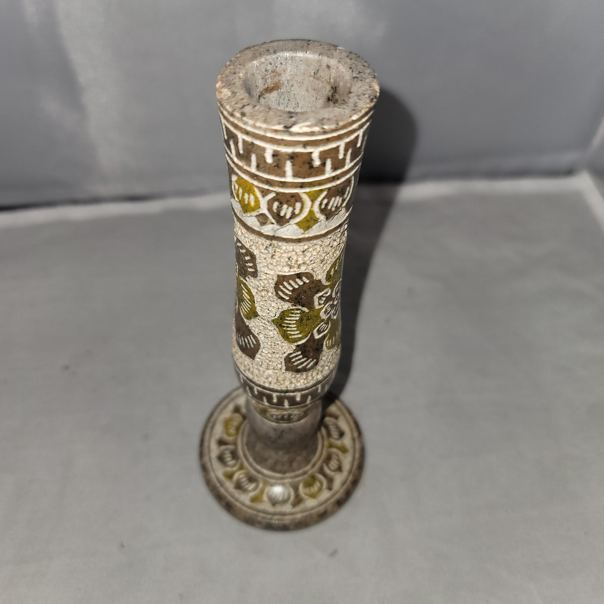 Vintage Candlestick Holder Marble Mexican Etched Floral geometric Neutral 7"