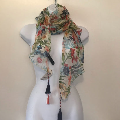 INC International Concept Botanical Crescent Scarf Tassles Wrap Florals Colorful