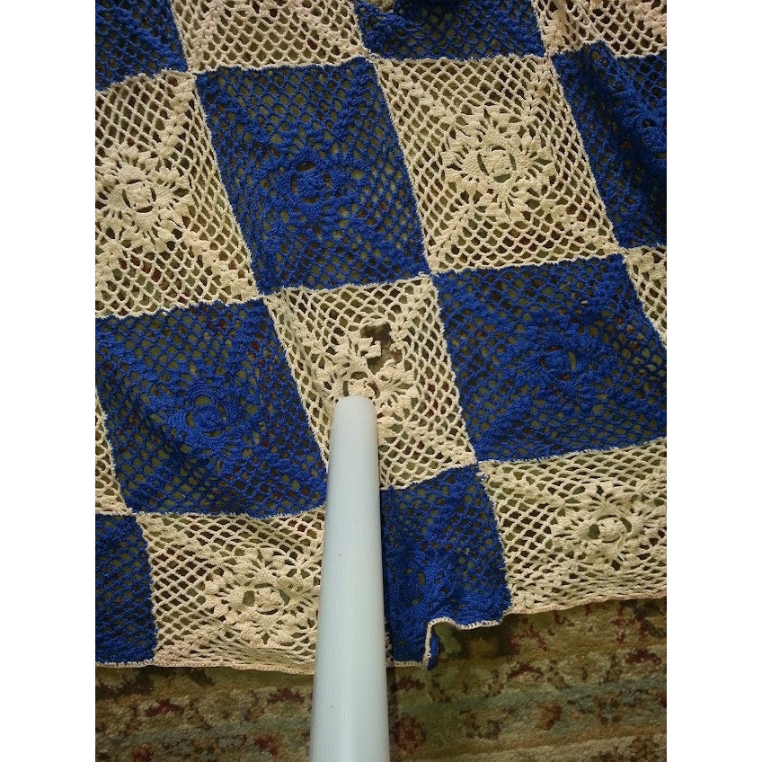 Vintage Blanket  Crochet Coverlet Bedspread DAMAGED Queen Blue Cream