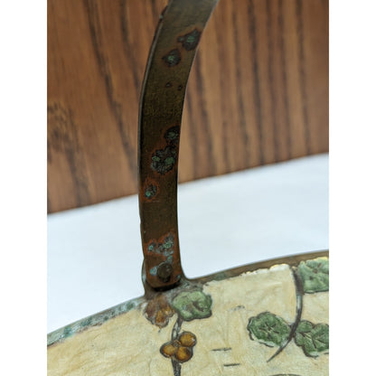 Vintage Indian Bronze Tray Cloisonne Enamel Birds Ducks Dish Tidbit  Handle