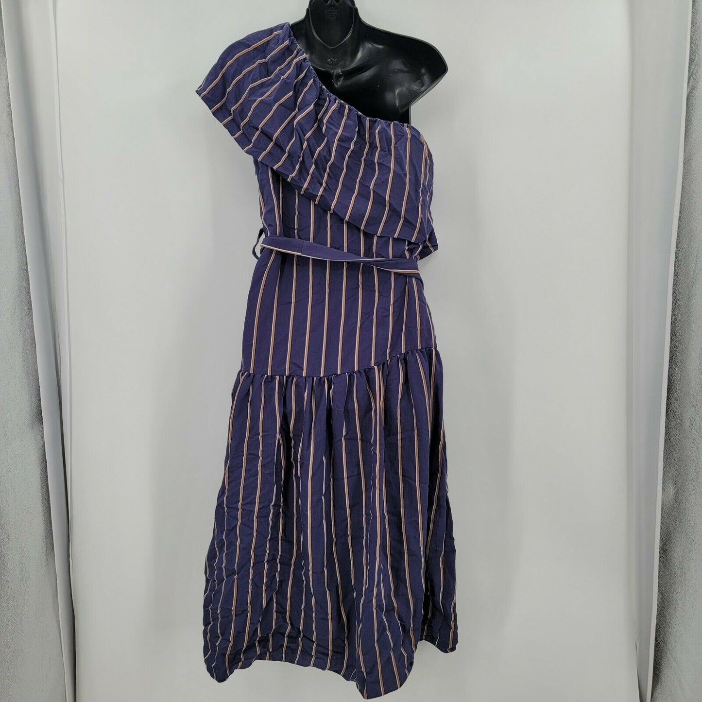Topshop One Shoulder Striped Belted A-Line Midi Dress Blue/Brown Size 4