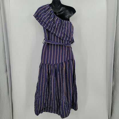 Topshop One Shoulder Striped Belted A-Line Midi Dress Blue/Brown Size 4
