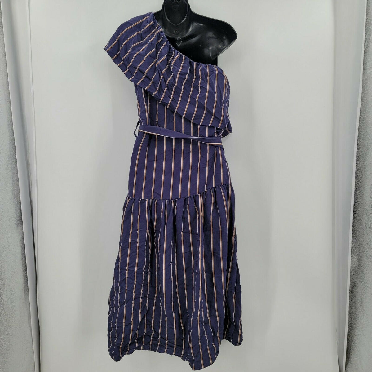 Topshop One Shoulder Striped Belted A-Line Midi Dress Blue/Brown Size 4
