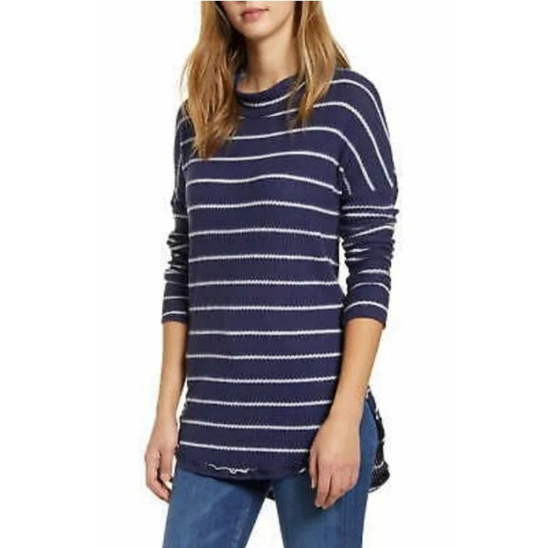 Caslon NWT Navy Blue Long Sleeve Striped Waffle Knit Tunic Top Small