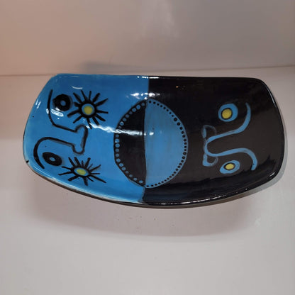 D. Jayne Herman Face Handmade Hand Painted bowl blue green MCM pottery