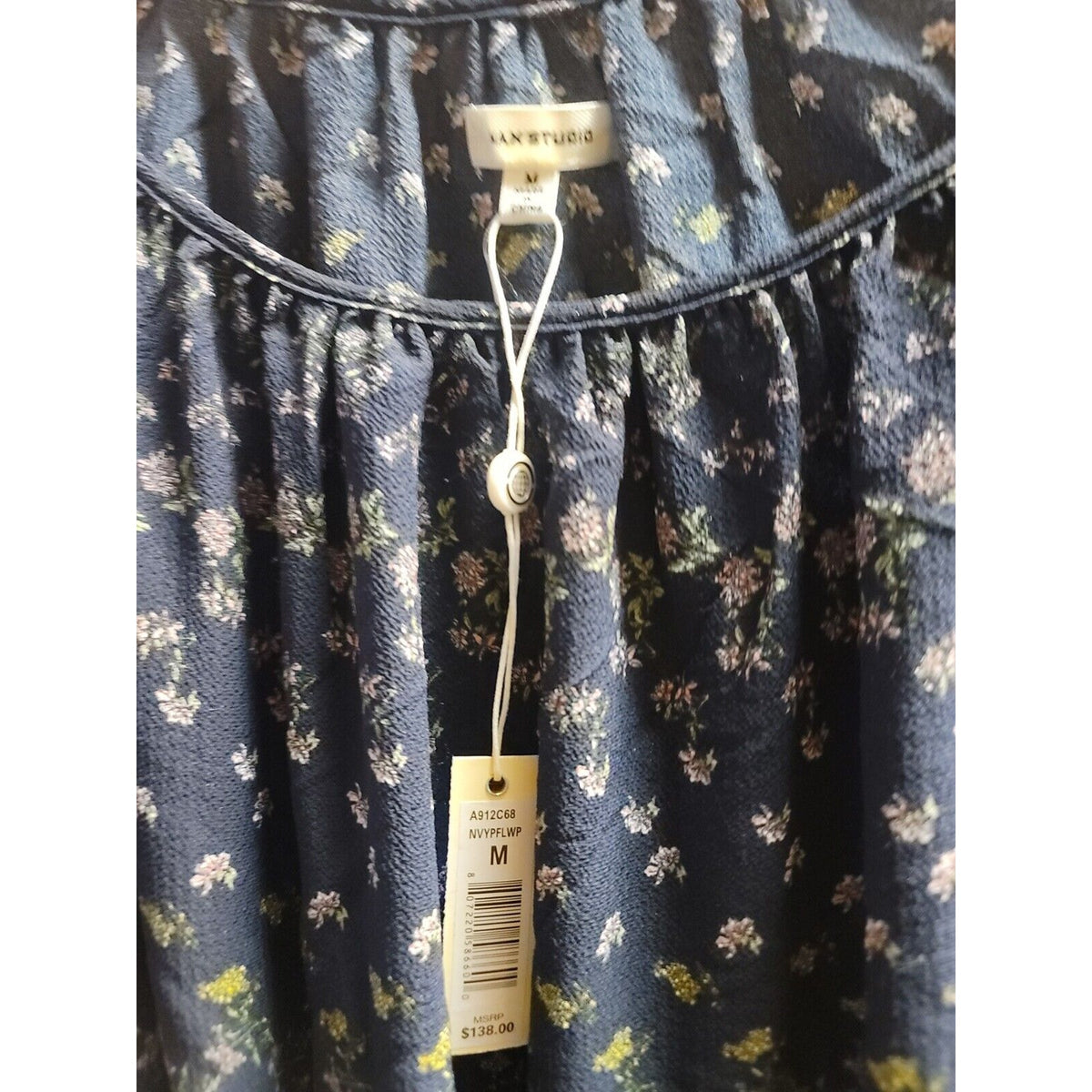 Max Studio Waist Tie Flounce Hem Dress Navy Floral Womens Medium Midi 3/4 Sleeve
