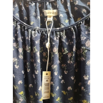 Max Studio Waist Tie Flounce Hem Dress Navy Floral Womens Medium Midi 3/4 Sleeve
