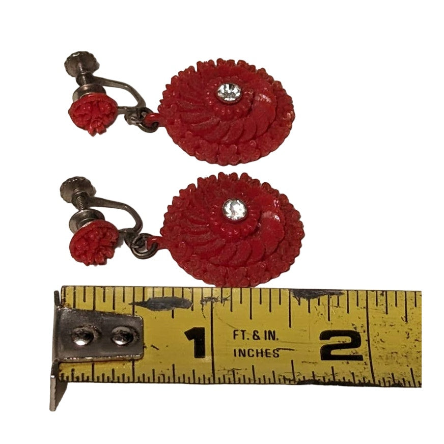 Vintage Clip On Earrings Red Flower Rhinestone Center Dangle Charm Japan 1950
