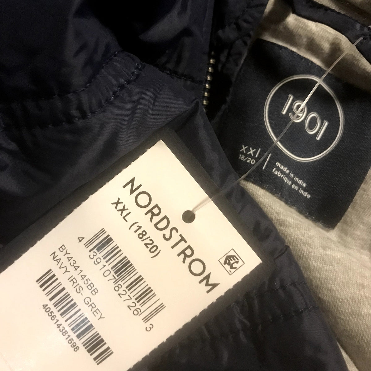 1901 Boy's Kid's Mixed Media Hooded Jacket In Navy Iris- Grey XXL (18/20) YOUTH