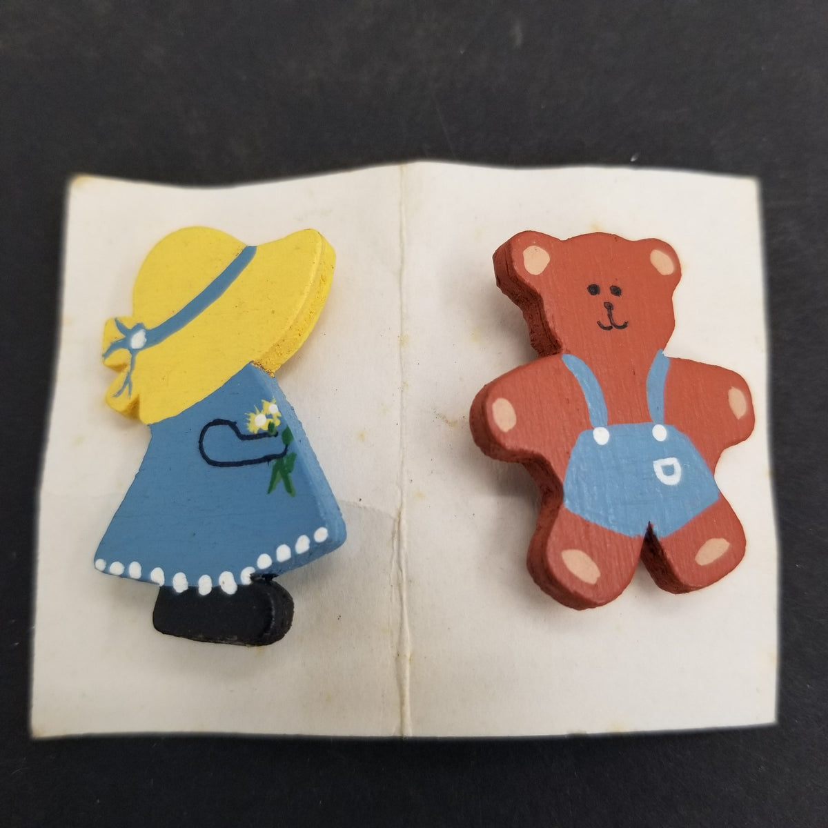 PAIR of Wooden Children's Brooches Pins Little Girl Sun Hat Teddy Bear