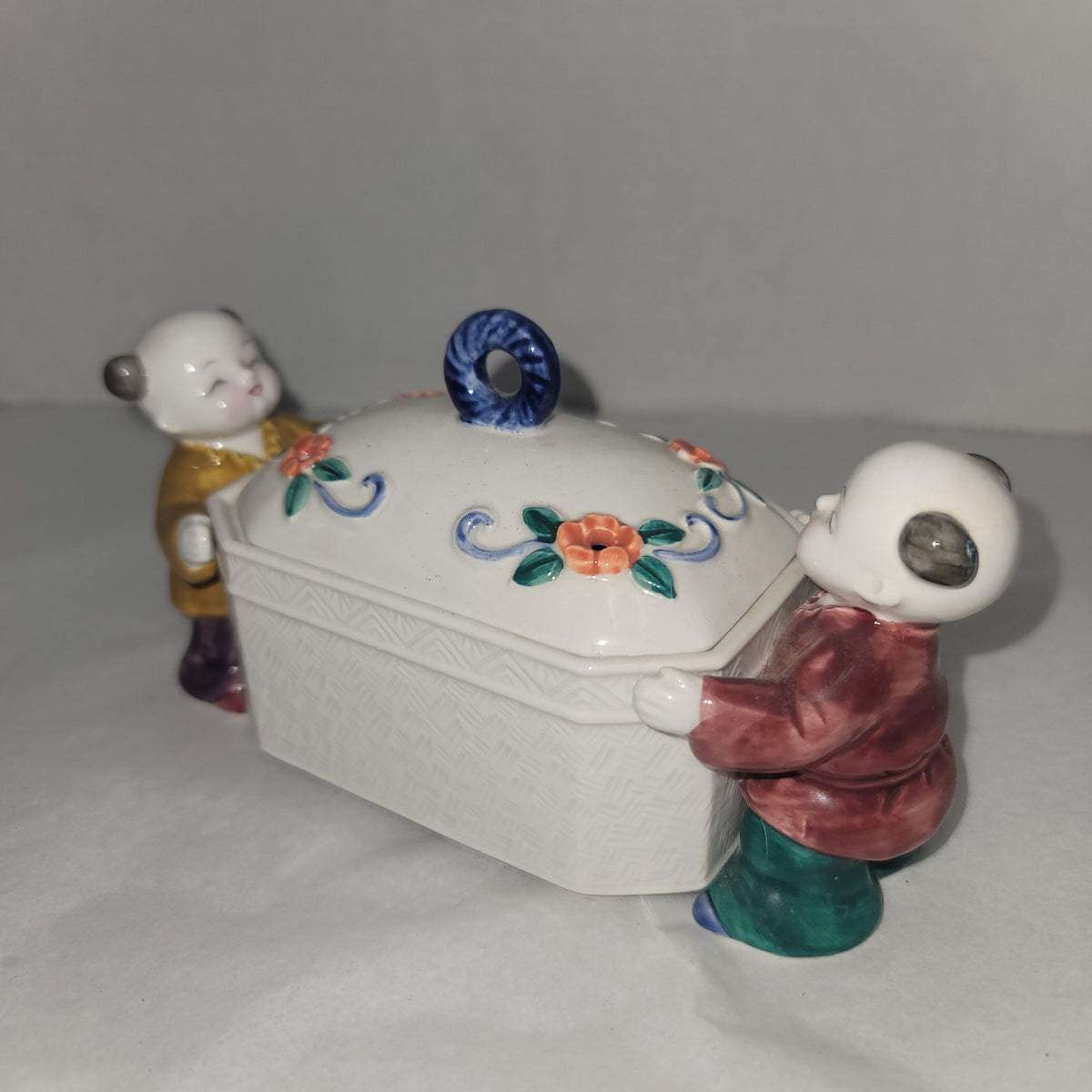 Takahashi San Francisco Japanese Figures Holding Signed Porcelain Box Incense