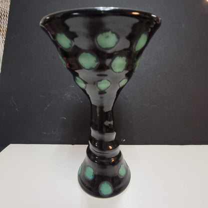 Art Pottery Challis Tall black spotted Artist Signed goblet cup tall blue WHIMSY