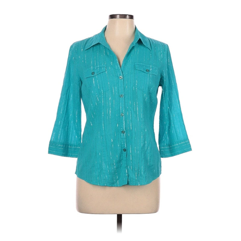 Style&Co 3/4 Sleeve Button-Down Shirt Size 10 Turquoise Teal Metallic Striped
