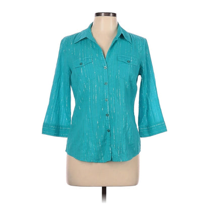 Style&Co 3/4 Sleeve Button-Down Shirt Size 10 Turquoise Teal Metallic Striped