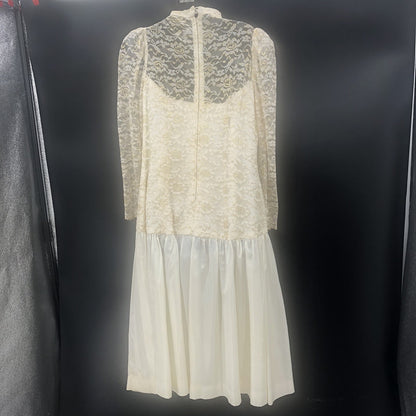 Vintage 80s Gold Lace Sheer Illusion High Neck Drop Waist Midi Dress Wedding