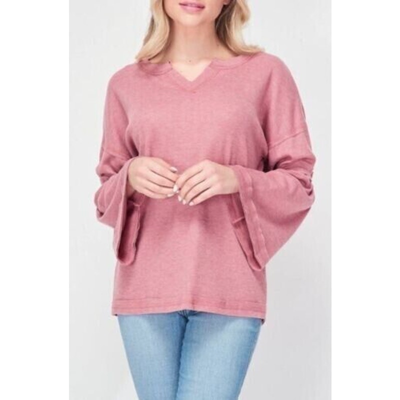 Baea Los Angeles Raw Seam Waffle Thermal Bell Sleeve Top Sz Small in Blush NWT