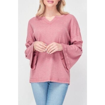 Baea Los Angeles Raw Seam Waffle Thermal Bell Sleeve Top Sz Small in Blush NWT