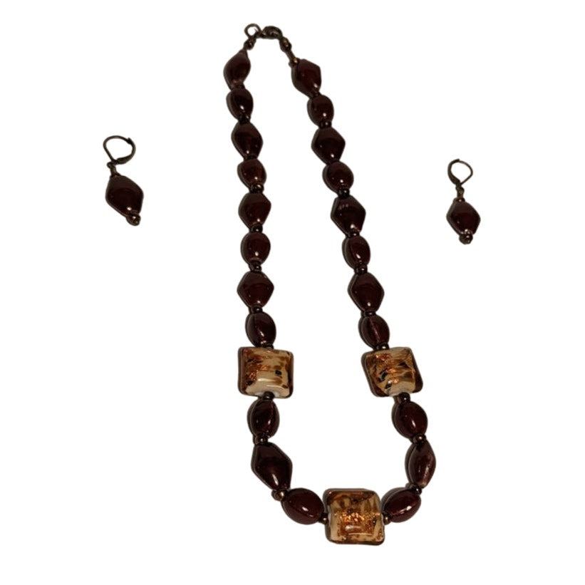 Vintage Set Reddish Orange Glass Beaded Necklace with Latch Drop Earrings