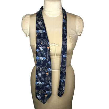 JC Penney Vintage Wide Necktie Floral 1970s floral blue red flowers Red under