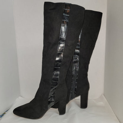 14th Union Jaki Knee High Slipon Side Zip Black Faux Alligator Heel Boots Size 9