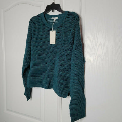 Joie L Diza Open Knit Pullover Sweater Long Sleeves Crew Neck Teal Green Size Medium