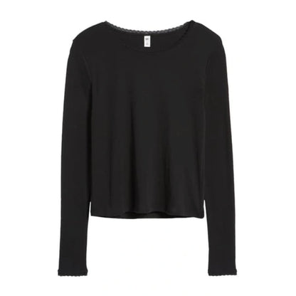 BP. NWT Lace Trim Long Sleeve Tee In Black Size Large