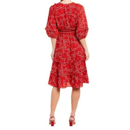 Max Studio Tiered Ruffle Midi Dress Cottage Liberty Sz Large Red Print NWT Boho