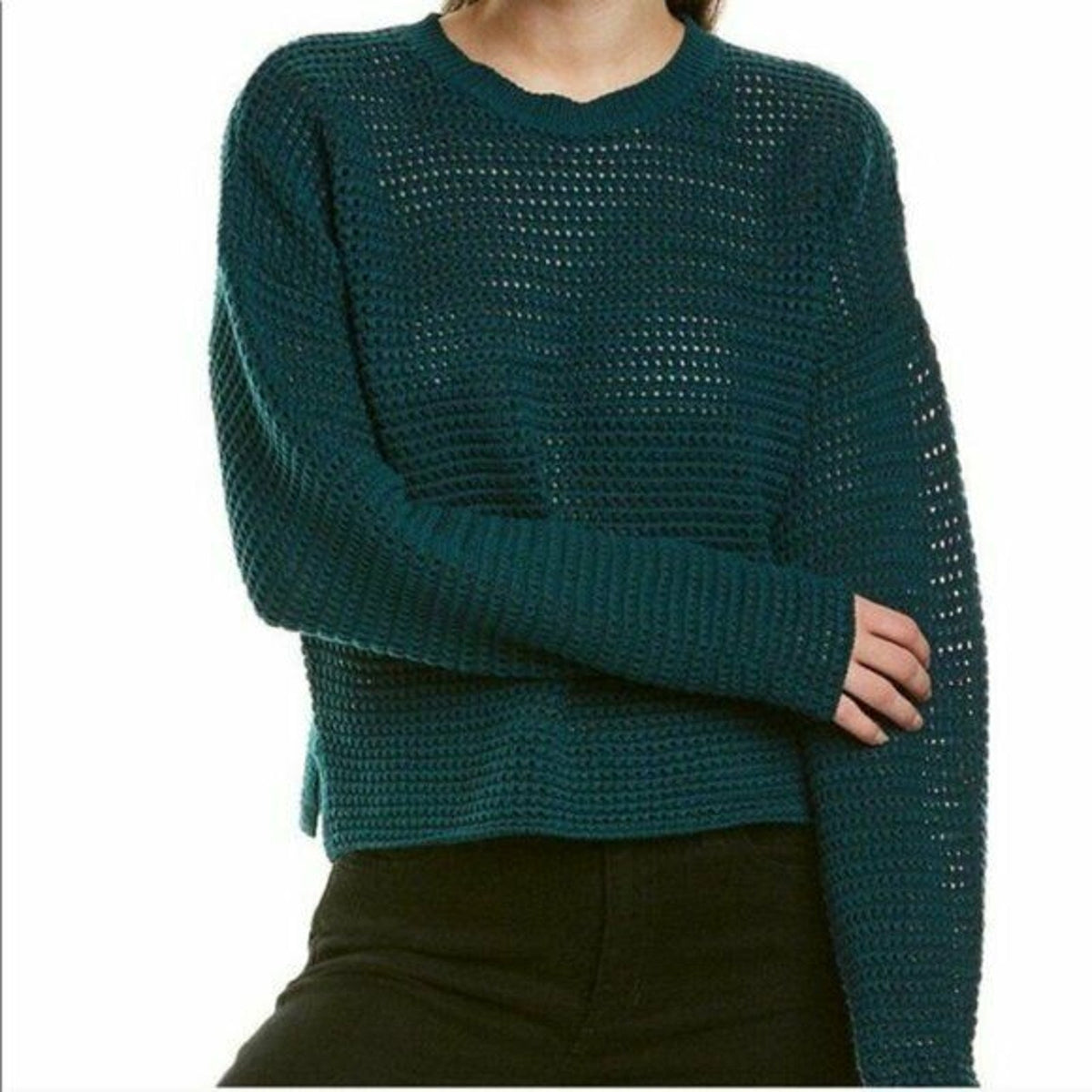 Joie L Diza Open Knit Pullover Sweater Long Sleeves Crew Neck Teal Green Size Medium
