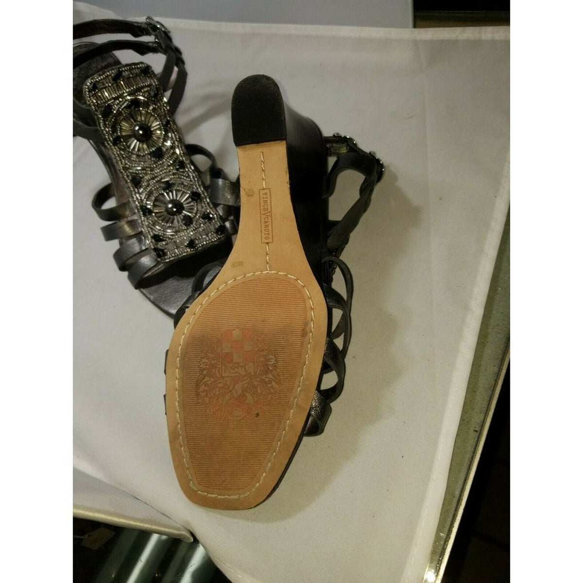 Vince Camuto women's Wedge Sandals PEWTER leather Beaded size 8B Strappy 38EU
