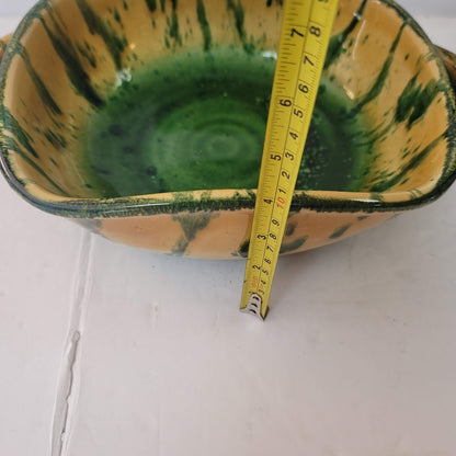 VINTAGE Majolica Art Pottery Italian Serving Bowl yellow green Drip Glaze Italy