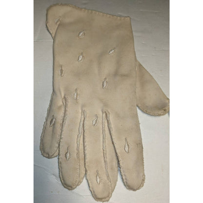 Vintage Ivory Cream Handsewn Shorties Embroidered Leaves Faux Doeskin Gloves