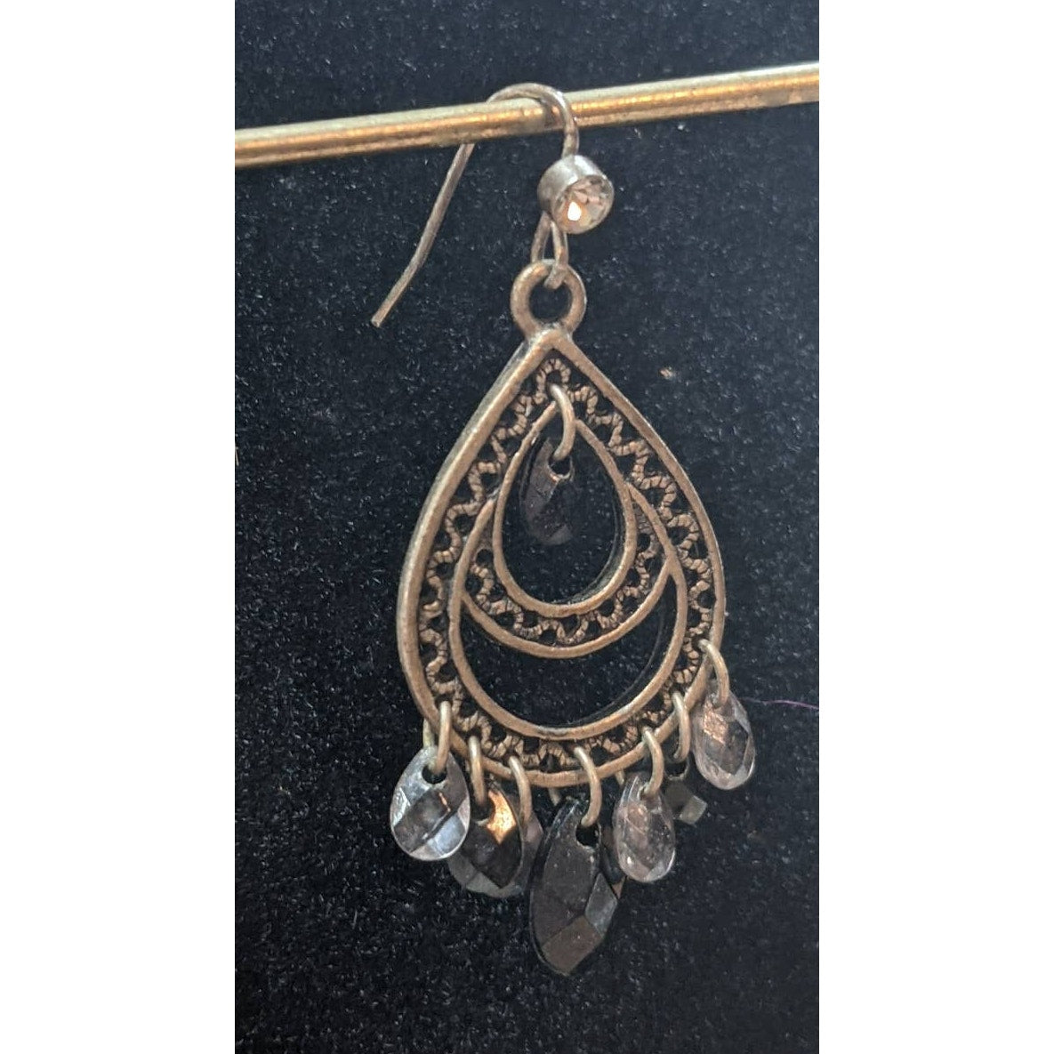 Vintage Teardrop Chandelier Earrings Black and Clear Stone Copper Tone Dangle