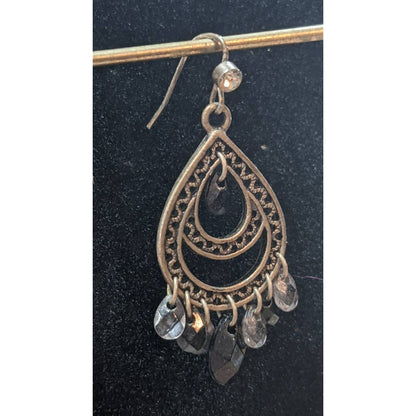 Vintage Teardrop Chandelier Earrings Black and Clear Stone Copper Tone Dangle